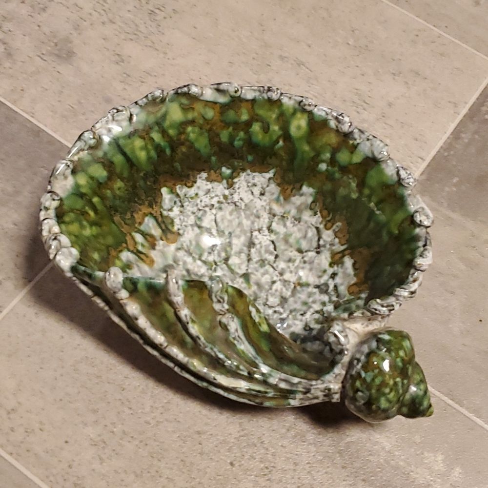 Vintage Signed & Numbered Green Ceramic Shell